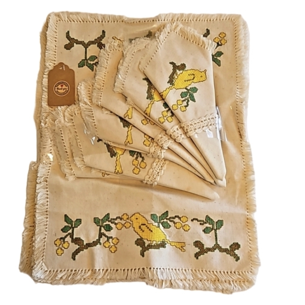 Hand Crafted placemats cross stitch yellow bird matching napkins retro 12pc set
